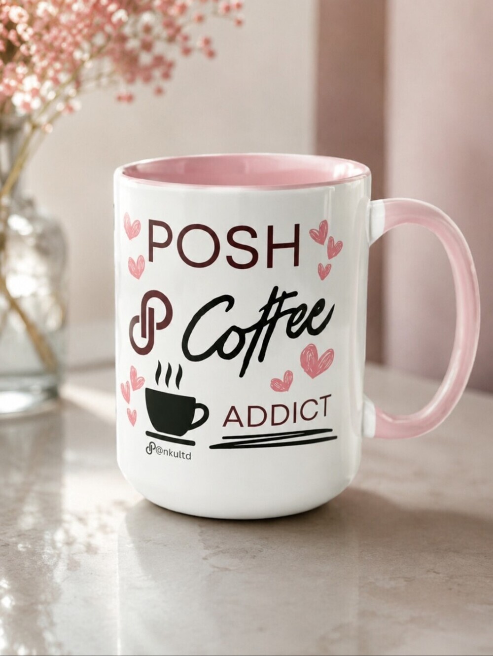 Coffee Addict 15oz Ceramic Mug Pink Handle Two Tone Reseller Coffee Lover Gift
